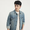 Men Regular Fit Spread Collar Solid Vintage Washed Denim Jacket