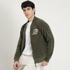 Men Regular Fit Band Collar Textured Vibe Check Varsity Polar Jacket