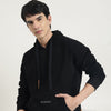 Men Boxy Fit Hooded Neck Textured Social Tag Velour Sweatshirt