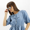 Tie-Up Neck Solid Denim Dress