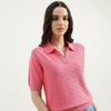 Women Johny Collar Textured Argyl Knitted Top