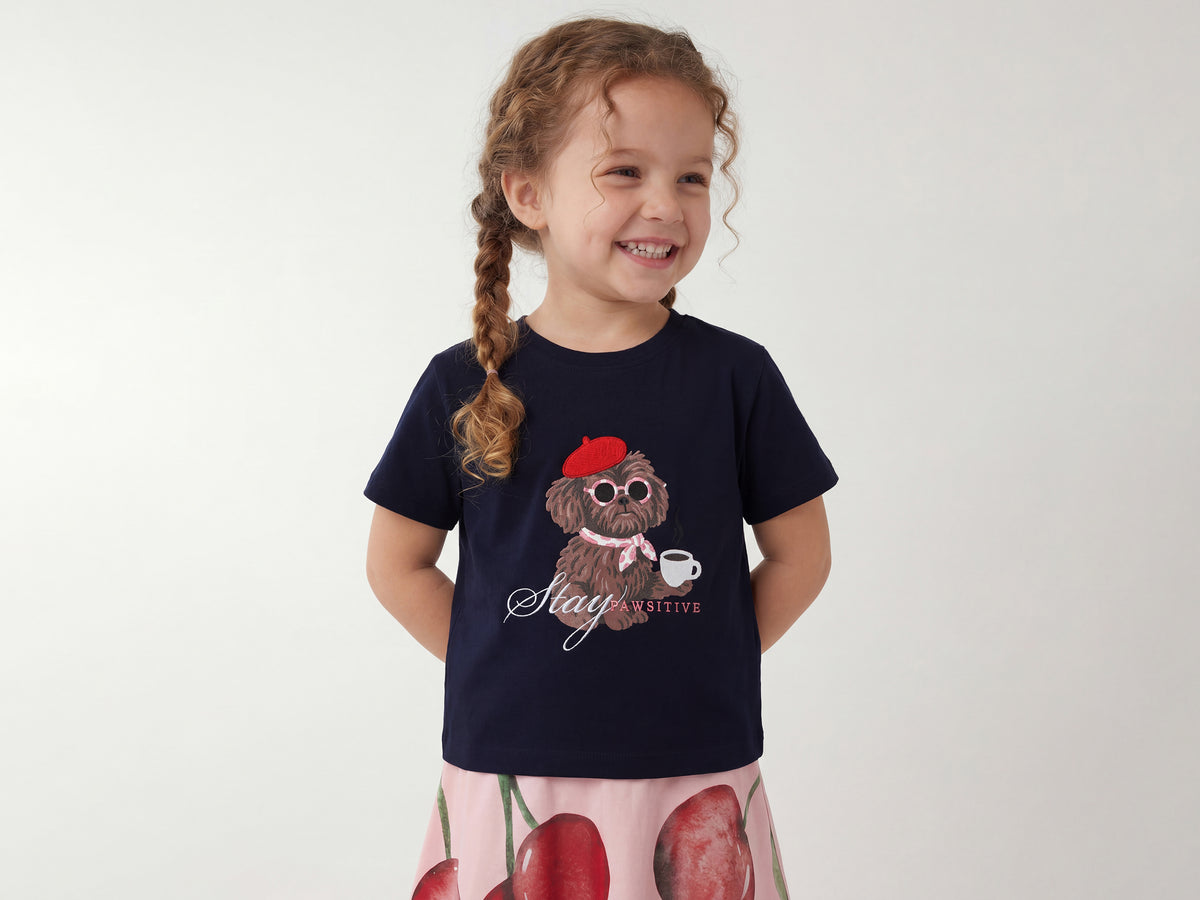 Dog Print Round Neck Graphic Print Girls Tshirt