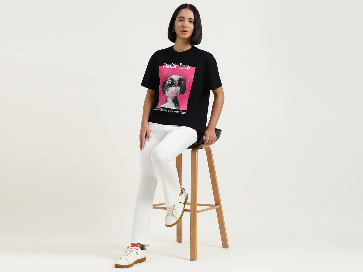 Dog Print Round Neck Graphic Print T-Shirt
