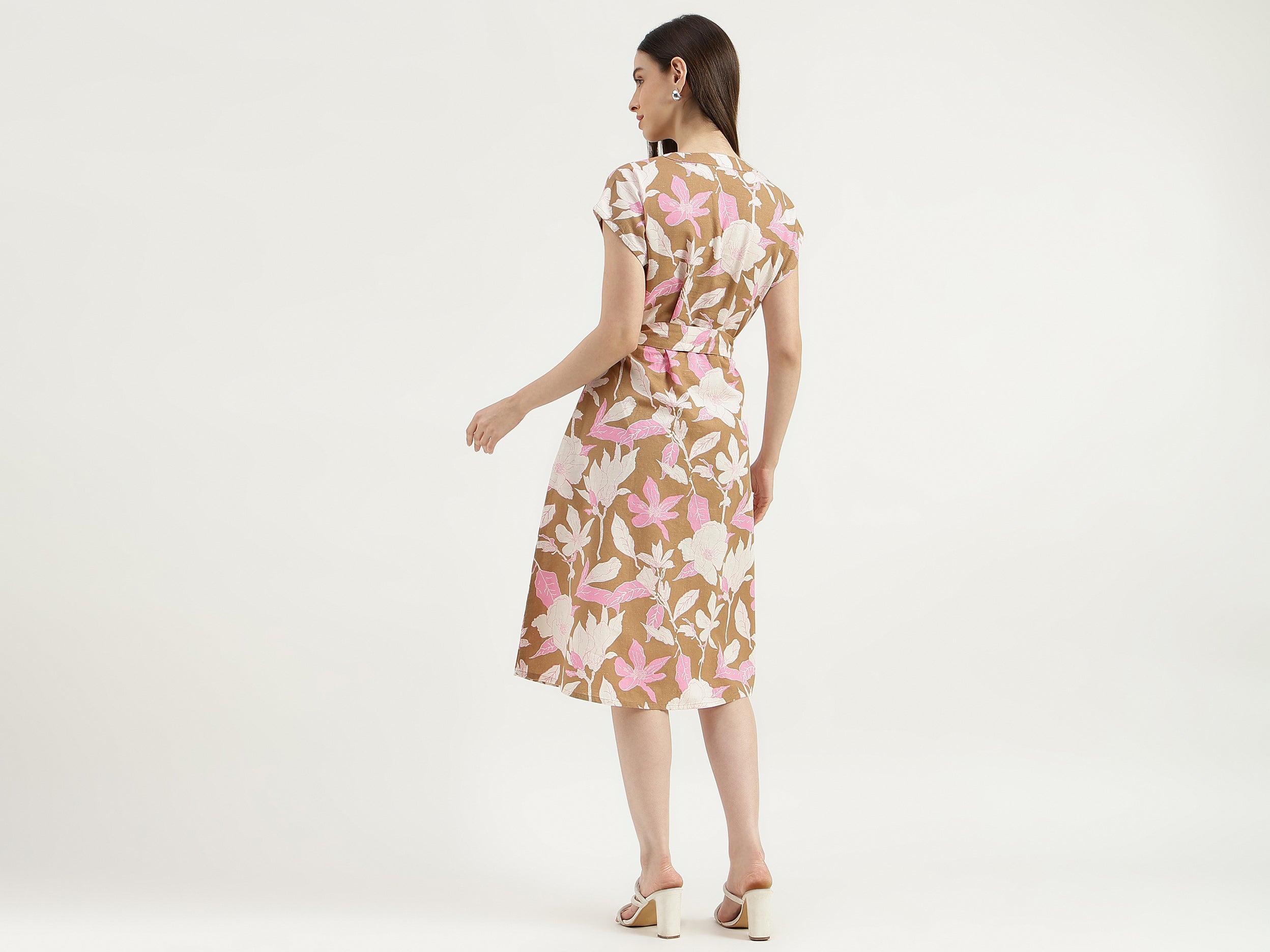 chinese dress ladies Women Regular Fit V Neck Floral Extended Sleeve Cotton Linen Dress – United  Colors of Benetton Store
