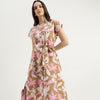 Women Regular Fit V Neck Floral Extended Sleeve Cotton Linen Dress