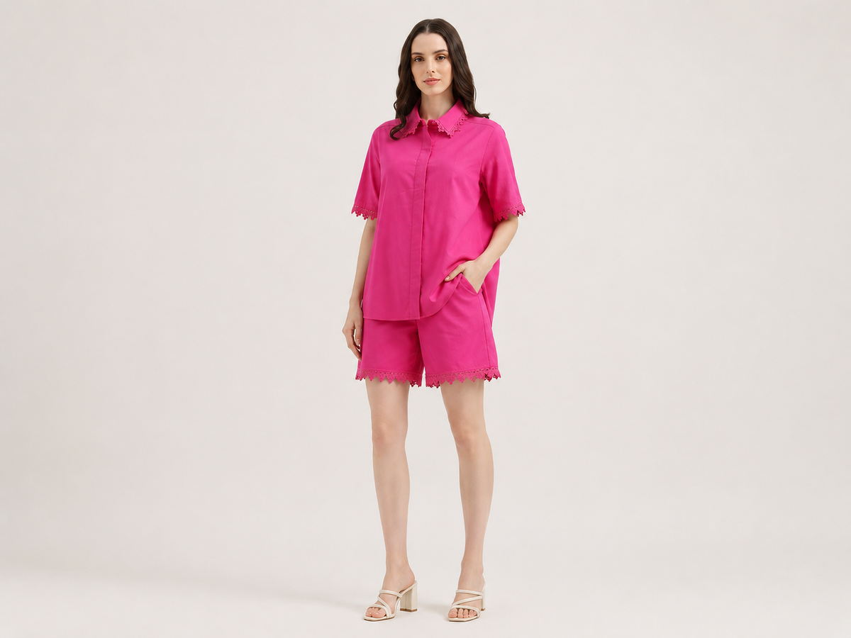 Women Regular Fit Spread Collar Solid Lace Detail Slub Shirt
