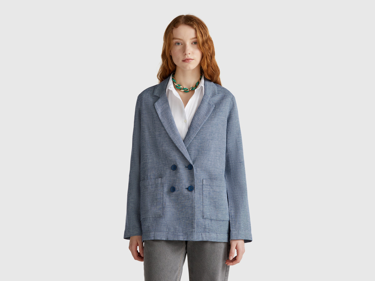 Women Lapel Collar Solid Double Breasted Blazer