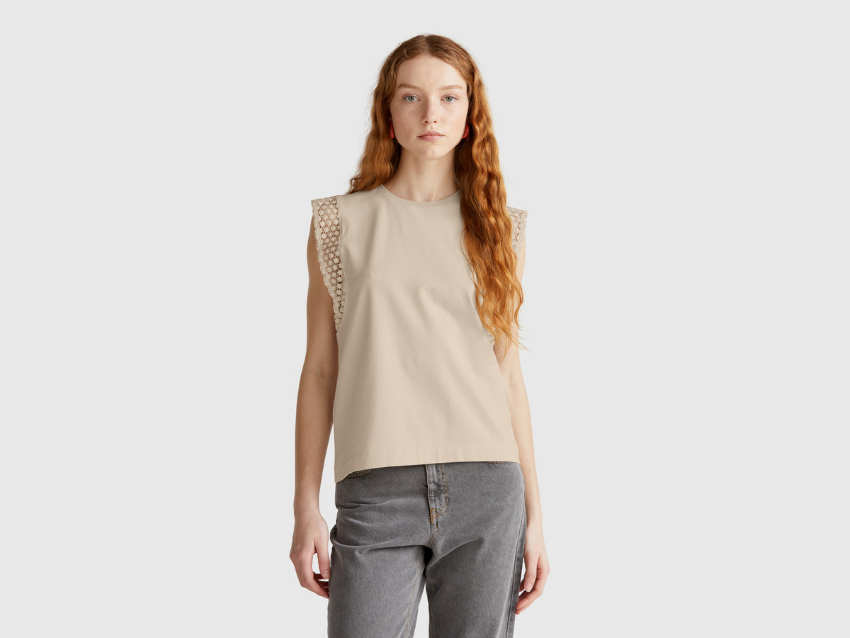 Women Round Neck Crochet Lace T-Shirt