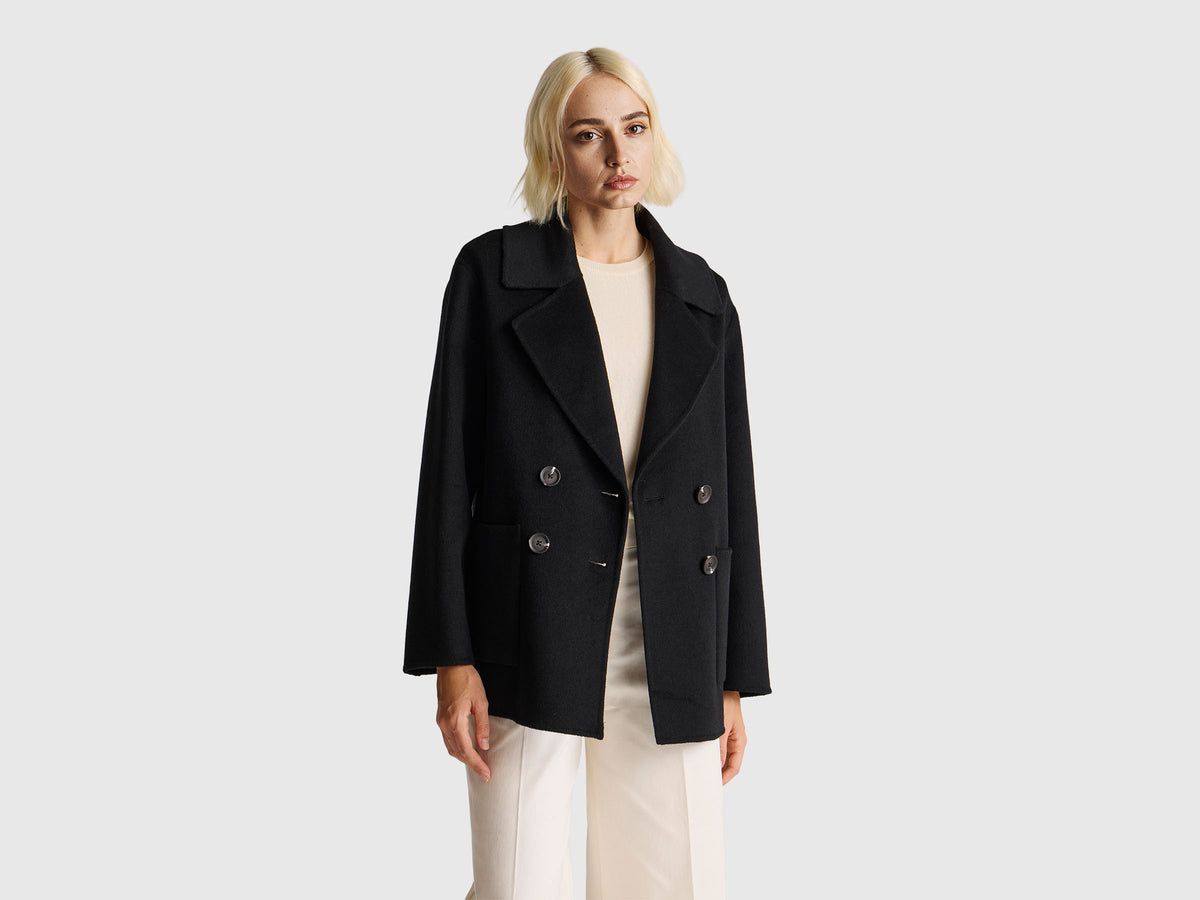 Women Lapel Solid Double Breasted Caban Coat
