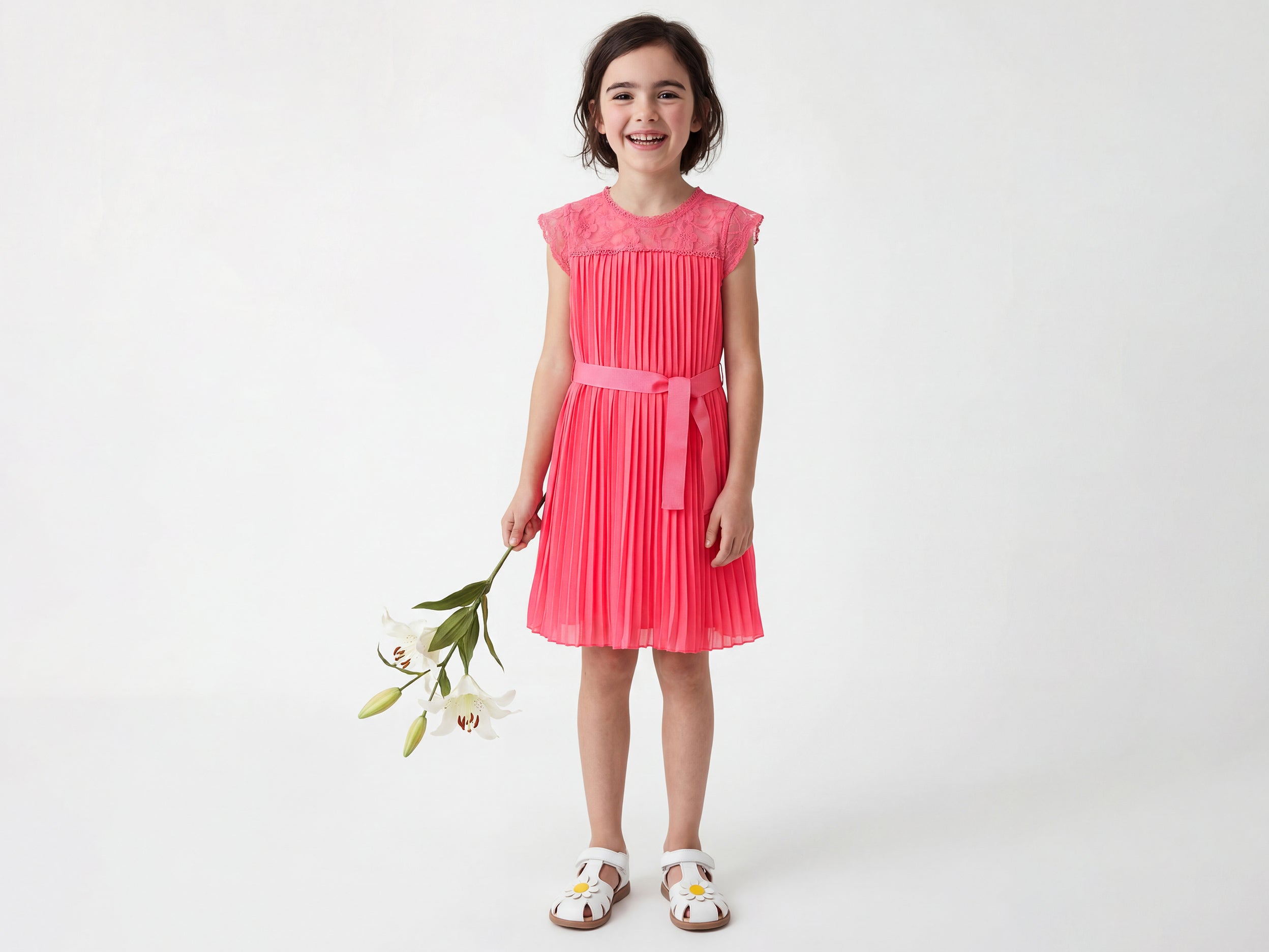 Girls Regular Fit Round Neck Lace Perma Pleat Dress