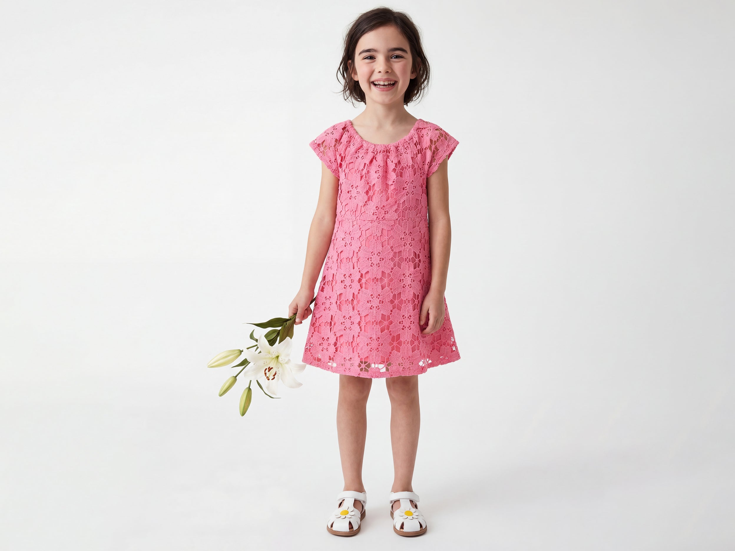 Girls Regular Fit Round Neck Floral Lace Dress