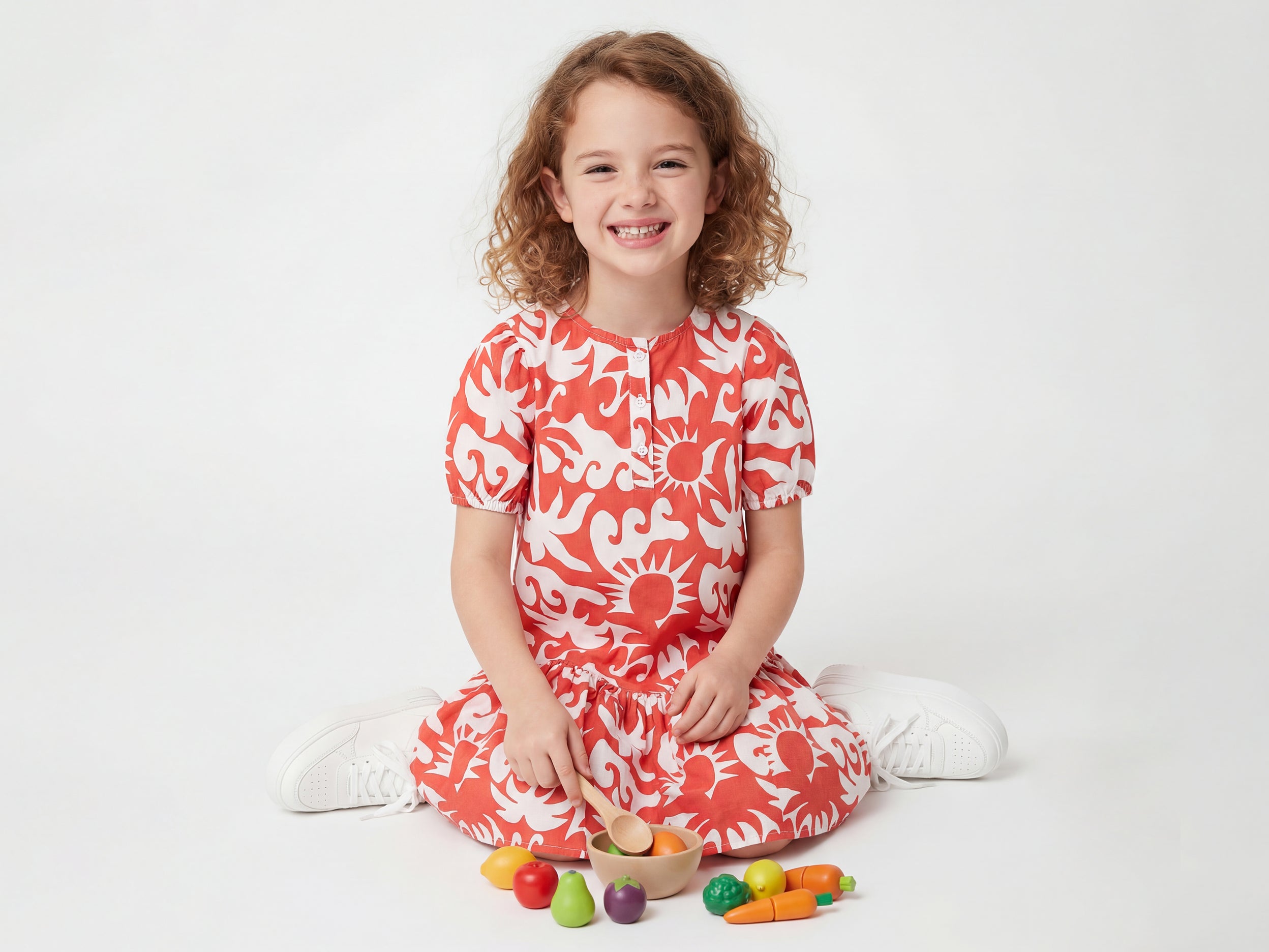 Girls Regular Fit Round Neck Abstract Summer Beach Curved Hem Dress