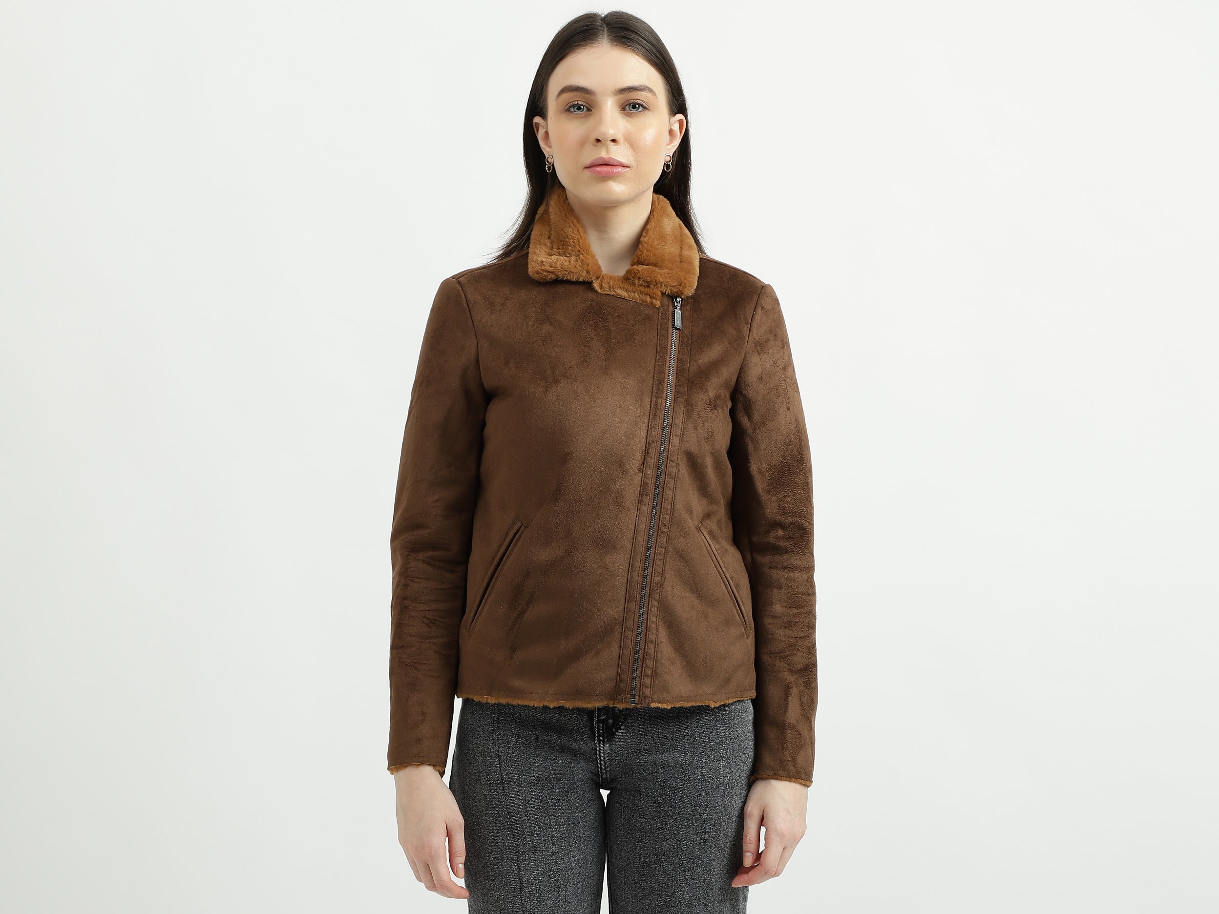 Women's Regular Fit Fur Detail Suede Jacket