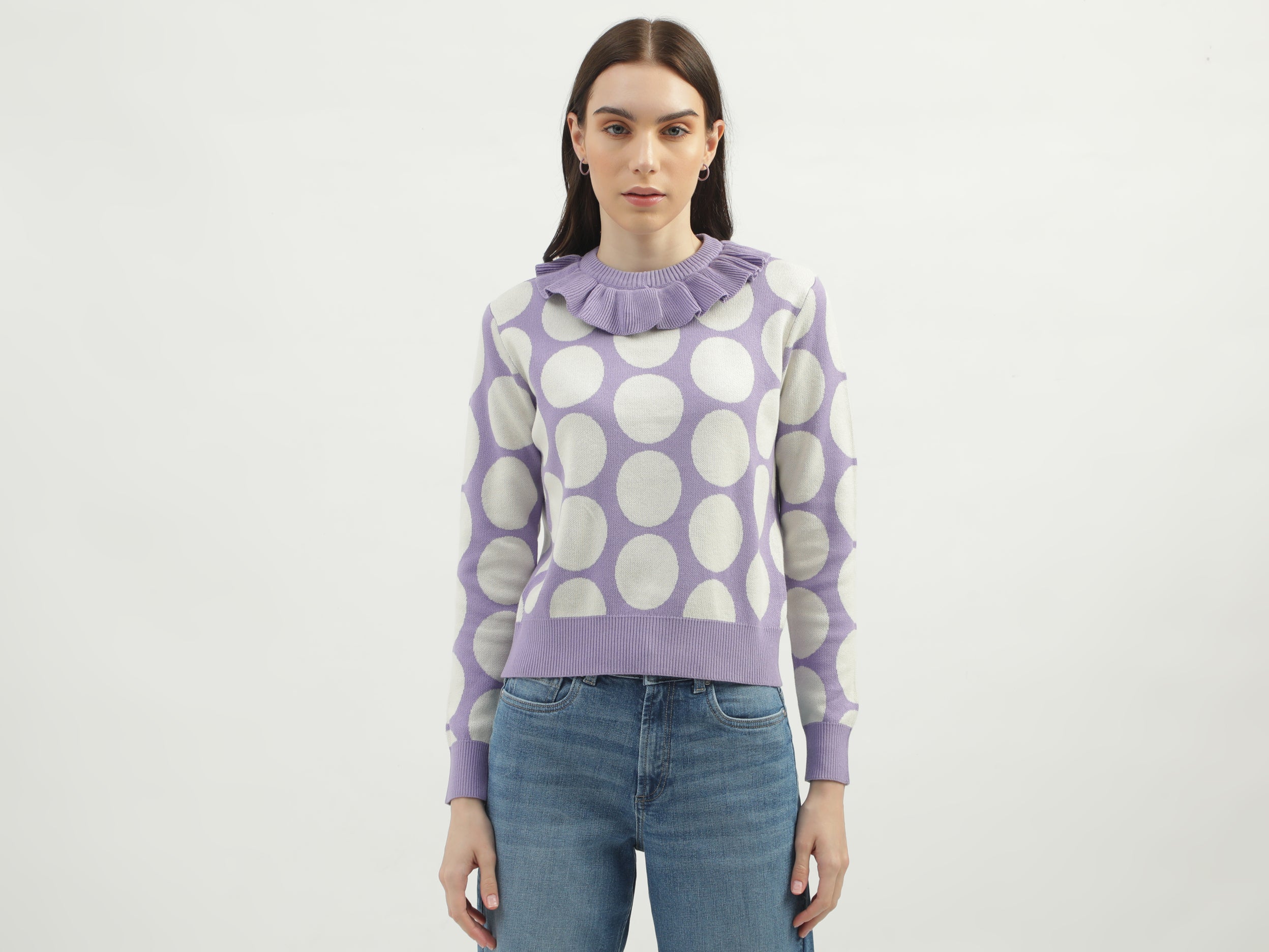 Women's Regular Fit Flutter Neck Polka Dot Sweaters