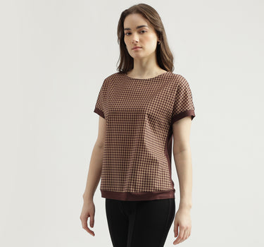 Regular Fit Round Neck Checked Pattern Women's Top