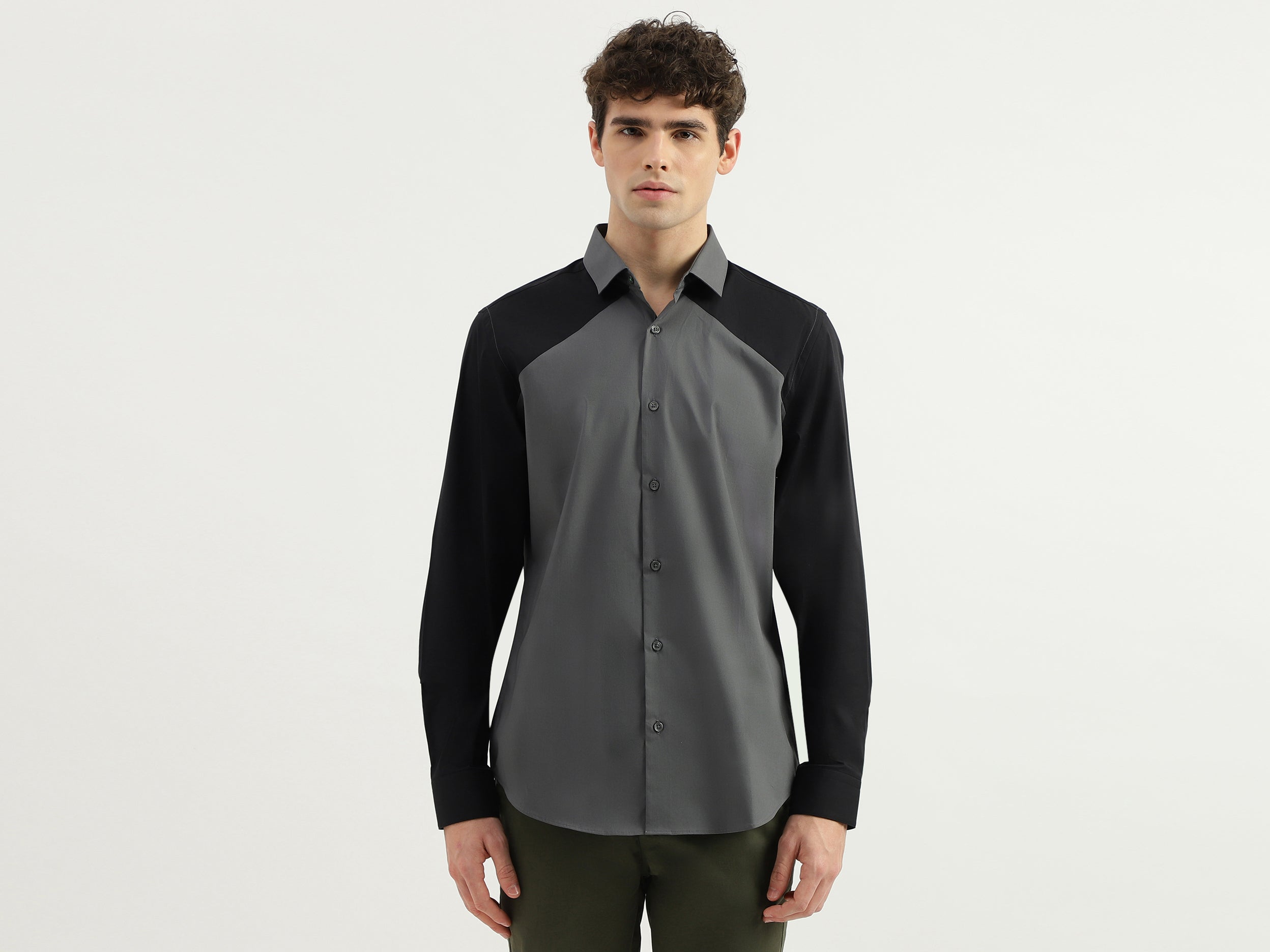 Slim Fit Spread Collar Colorblock Shirt