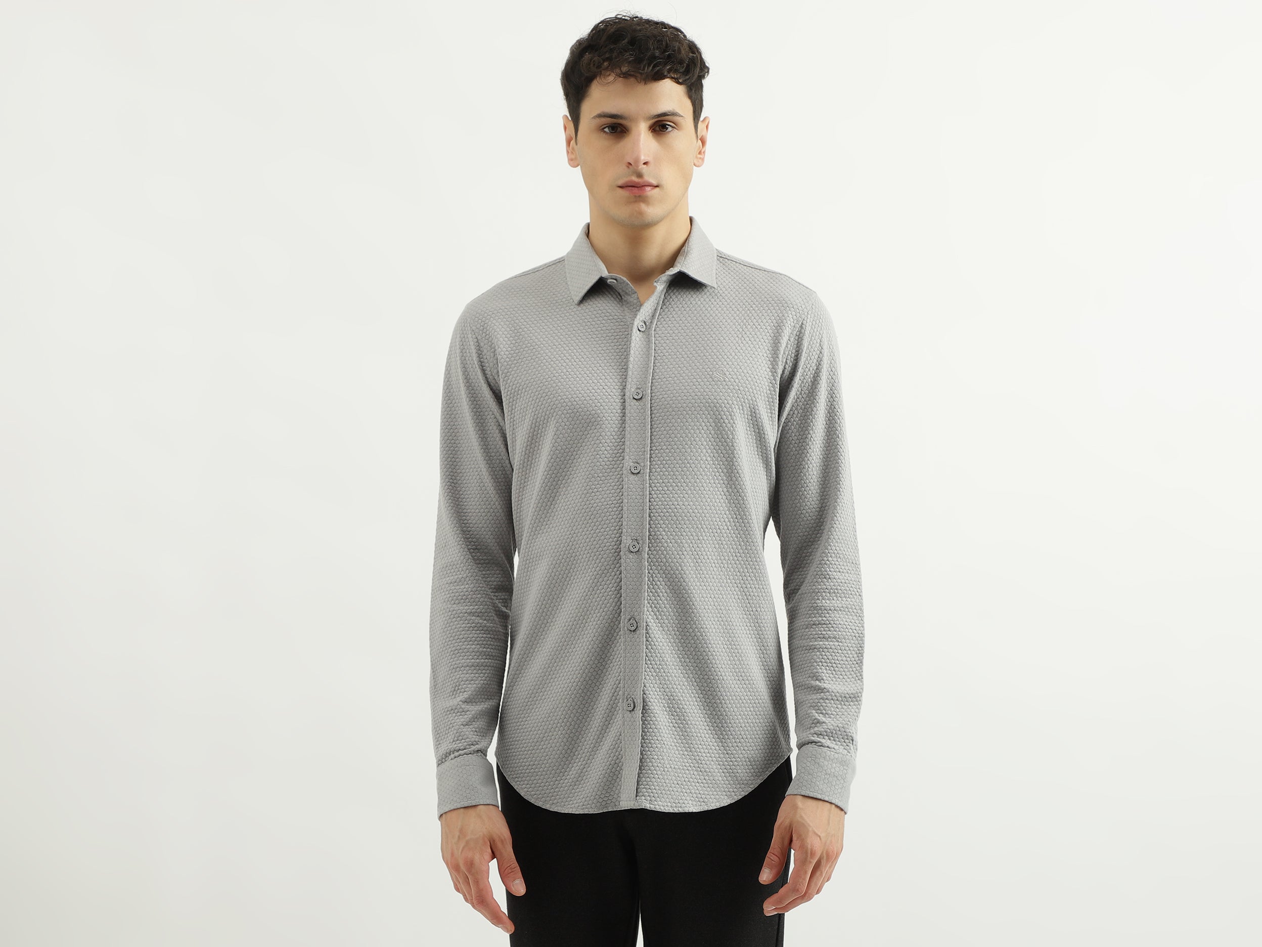 Slim Spread Collar Self Design Shirts