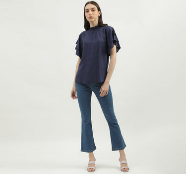 Women's Regular Fit Ruffled Neck Solid Tops