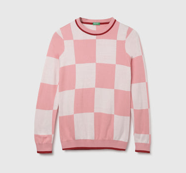 Women's Regular Fit Round Neck Checked Sweater