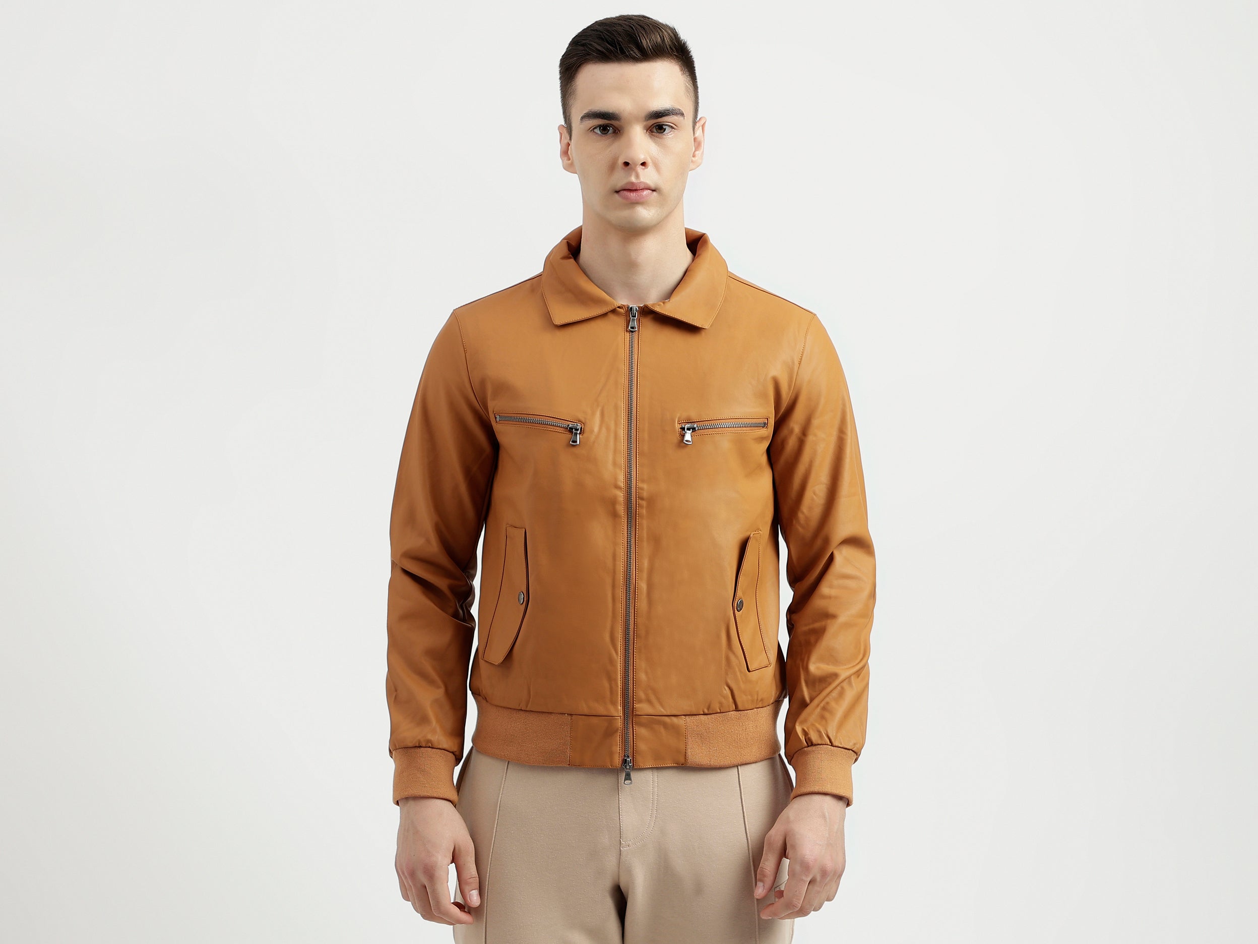 Men's Regular Fit Solid Metalic Zip Detail Jacket