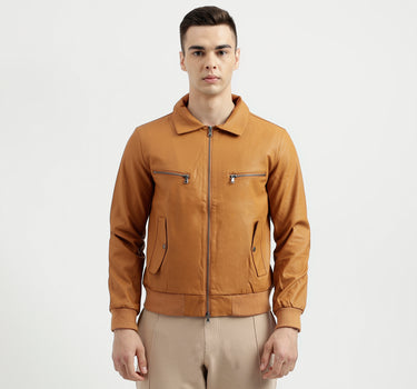 Men's Regular Fit Solid Metalic Zip Detail Jacket