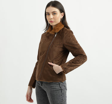 Women's Regular Fit Fur Detail Suede Jacket