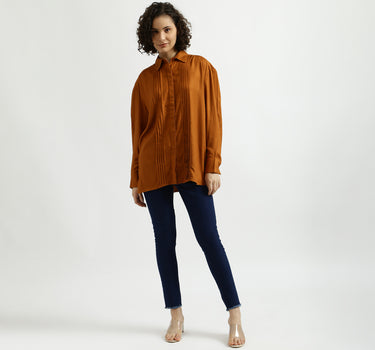 Rust Pintuck Pleated Shirt