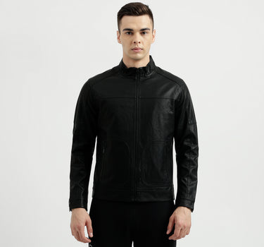 Men's Regular Fit Band Collar Textured Jacket