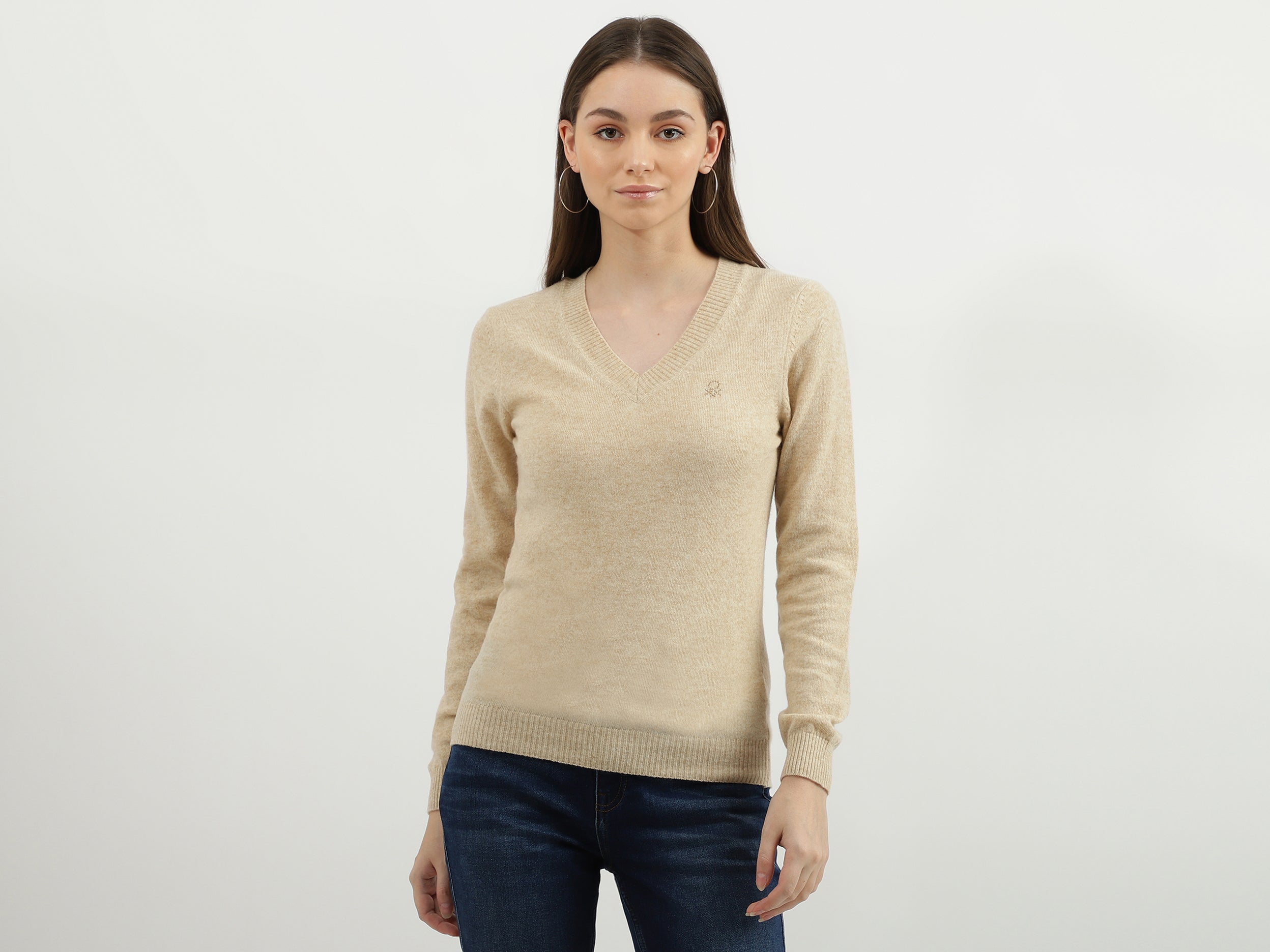 Ribbed Hemline V-Neck Solid Sweater