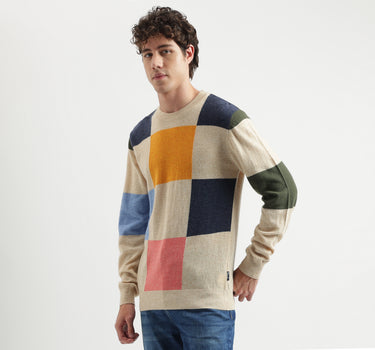 Regular Fit Round Neck Checked Pattern Sweater