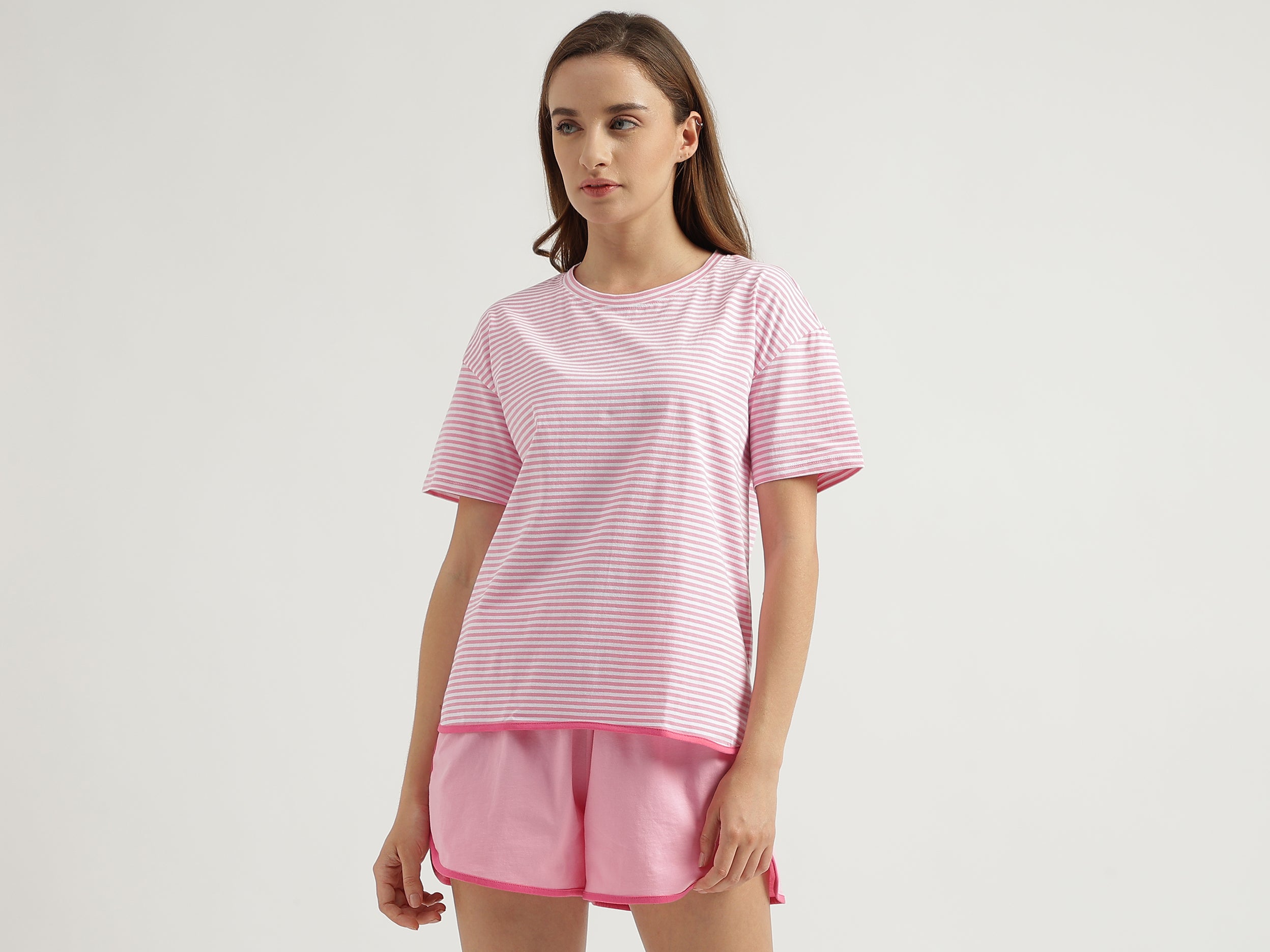 Regular Fit Round Neck Striped T-Shirt with Solid Colour Shorts Set