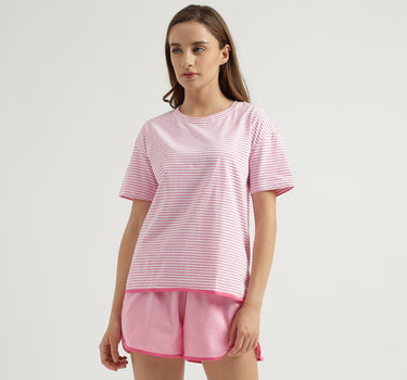 Regular Fit Round Neck Striped T-Shirt with Solid Colour Shorts Set