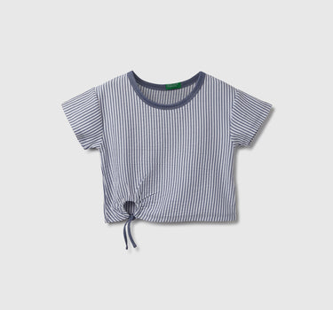 Regular Fit Round Neck Striped & Tie-Up T-Shirt