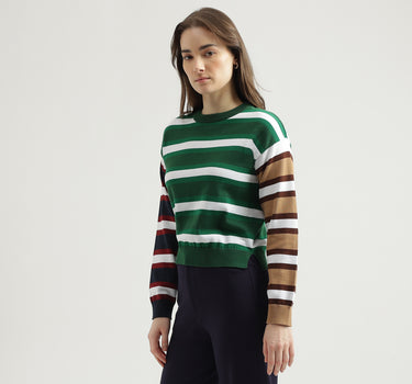 Women's Regular Fit Crew Neck Striped Sweater