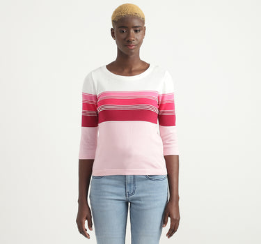 Cotton Striped Round Neck Women Tops