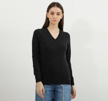 Ribbed Hemline V-Neck Solid Sweater