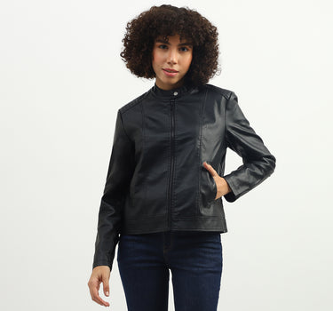 Women Solid Band Collar Jacket