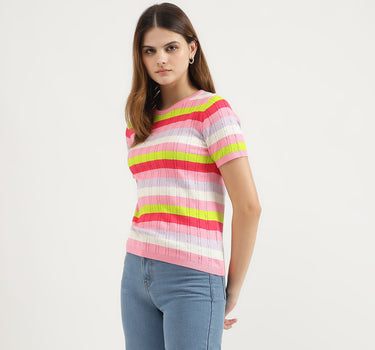 Regular Fit Round Neck Striped Tops