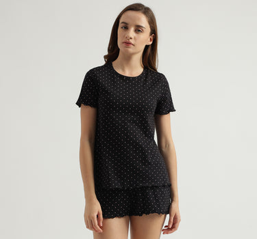 Regular Fit Round Neck Polka Dot T-Shirt with Polka Dot Shorts Nightsuit Set