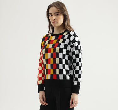 Women's Regular Fit Crew Neck Checked Sweater