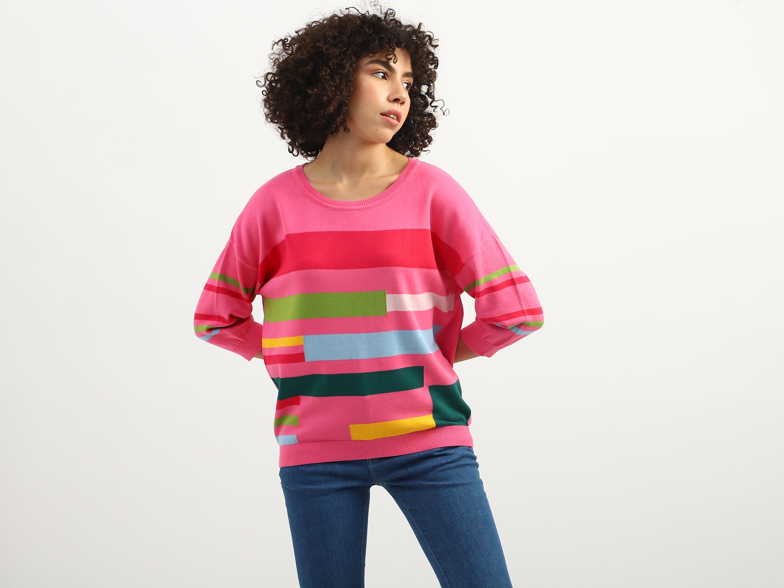 Women Colorblock Round Neck Sweater