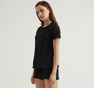 Regular Fit Round Neck Polka Dot T-Shirt with Polka Dot Shorts Nightsuit Set