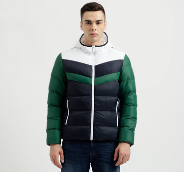 Men's Regular Fit Hooded Neck Color Blocked Puffer Jacket