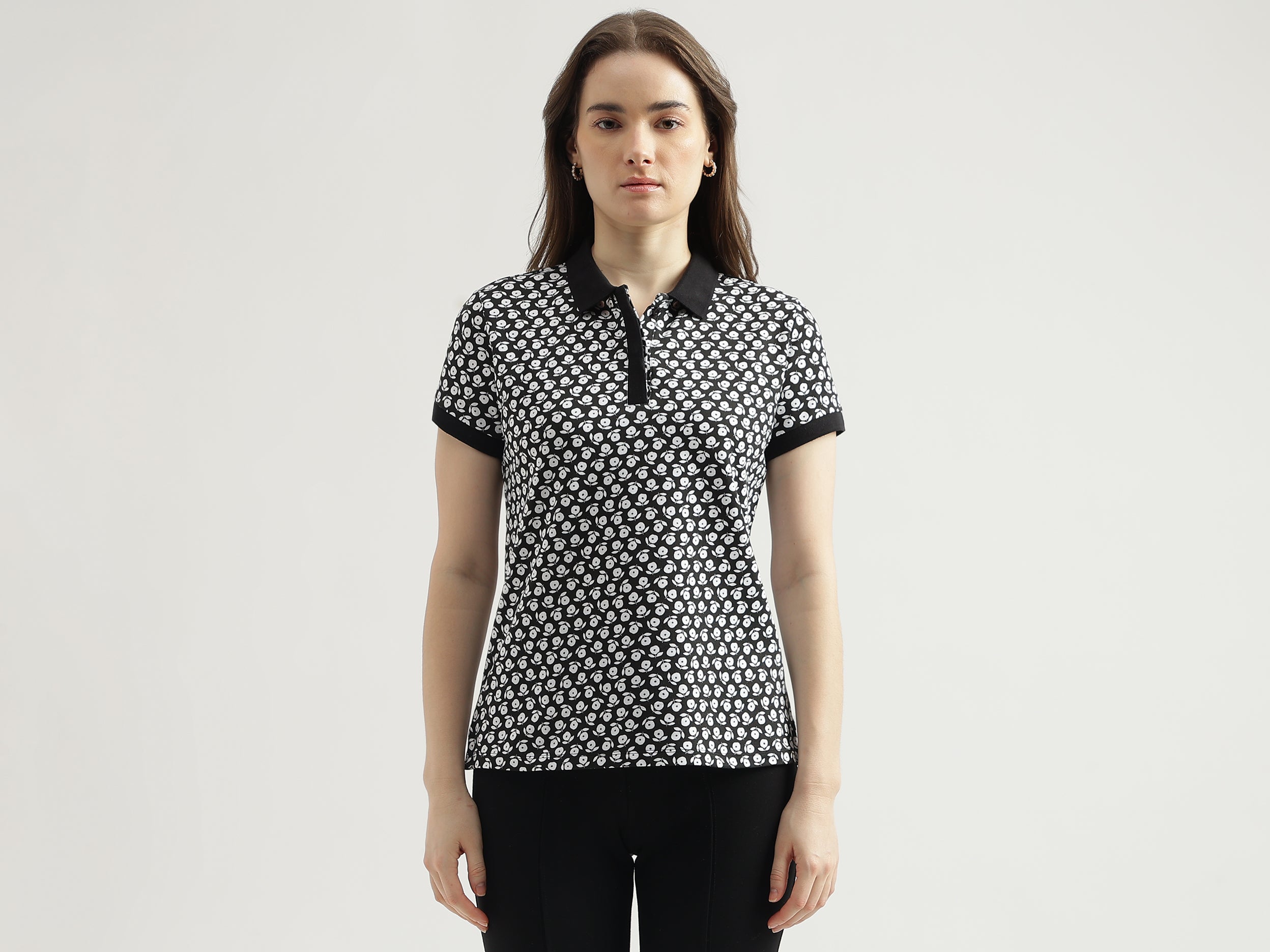 Regular Fit Polo Neck Printed Women's T-Shirt