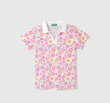 Polo Neck Floral Pattern T-Shirt