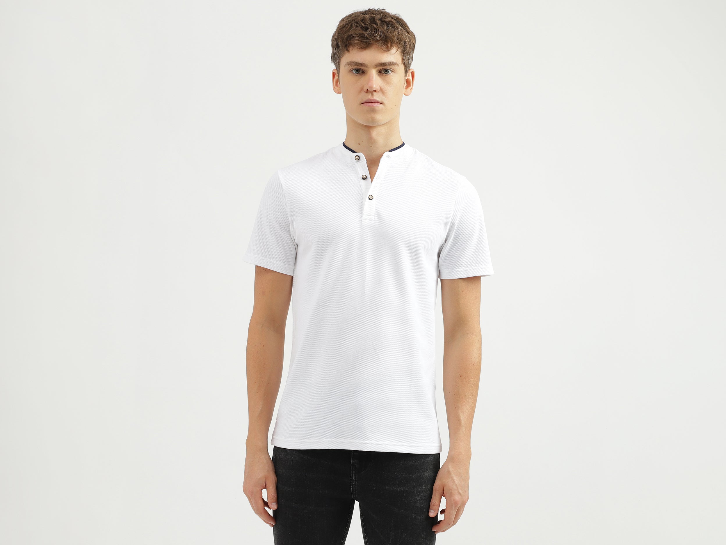 Men's Regular Fit Henley Neck Textured T-Shirt