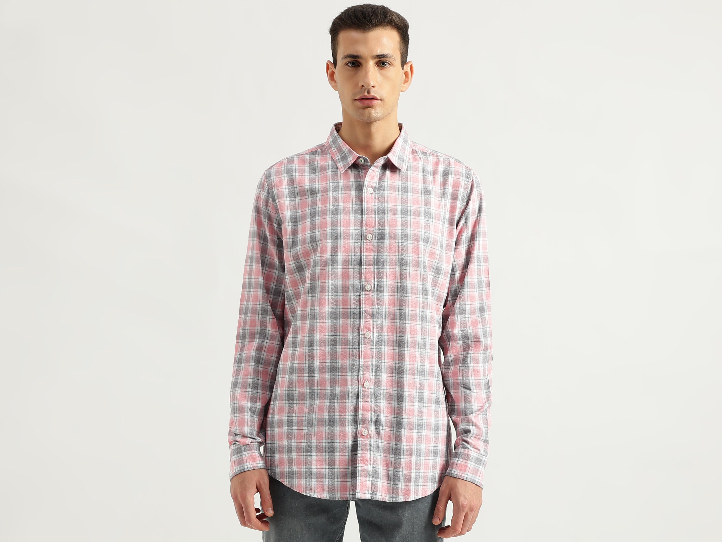 Men's Slim Fit Spread Collar Checked Shirts