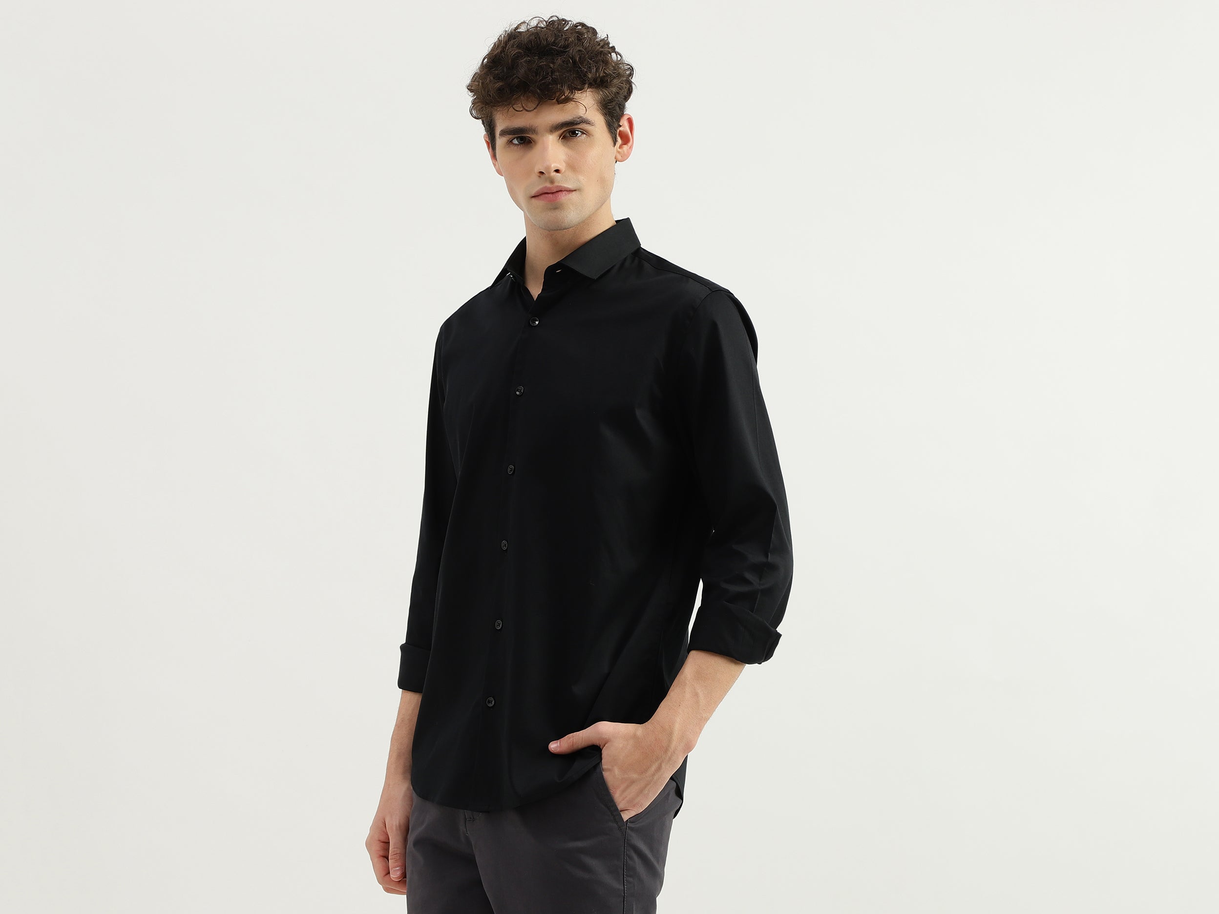 Slim Fit Spread Collar Solid Shirt