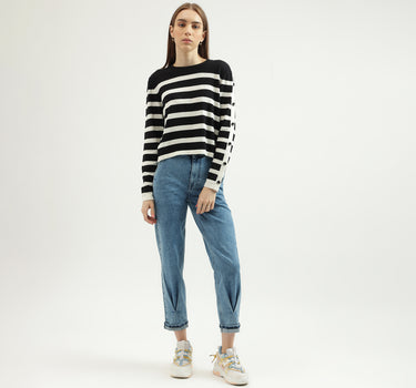 Women's Regular Fit Crew Neck Striped Sweater