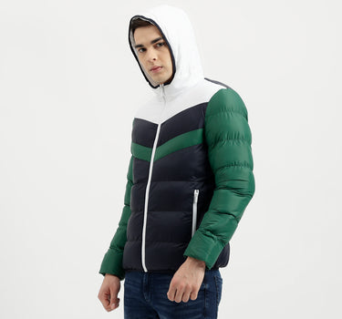 Men's Regular Fit Hooded Neck Color Blocked Puffer Jacket